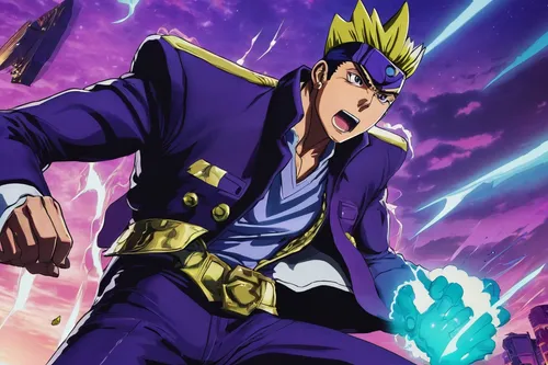 Imagine Josuke Higashikata in a nail-biting stand battle against a mysterious enemy.,cleanup,purple,defense,purple and gold,gyro,destroy,wall,chollo hunter x,yukio,bazaruto,power icon,toori,trunks,mon