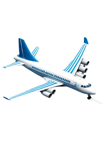 Airplane, commercial airliner, white body, blue stripe, wings outstretched, engines attached, cockpit windows, tail fin, wheels retracted, metallic surface, reflective material, morning sunlight, soft