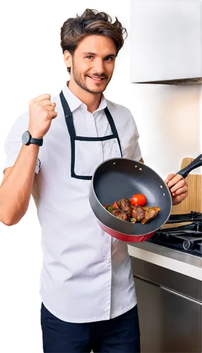 adult, chef, male, apron, white shirt, black pants, messy hair, sweat on forehead, holding frying pan, sizzling meat, kitchen utensils, stainless steel countertop, warm lighting, 3/4 composition, shal