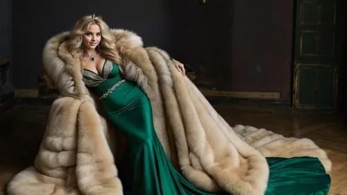 very beautiful woman,  with very long ,floor length, blond wavy hair, smiling, wearing a floor length evening dress and shining emerald bracelets, rings, necklace, earrings and tiara and a floor lengt