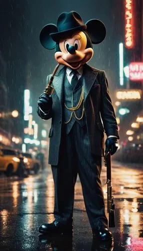 Mickey Mouse, gangster, 1920s style, suit, fedora hat, gold chain, cigar, holding Tommy gun, standing, city street, night scene, neon lights, skyscrapers, rainy, puddles, reflections, cinematic compos