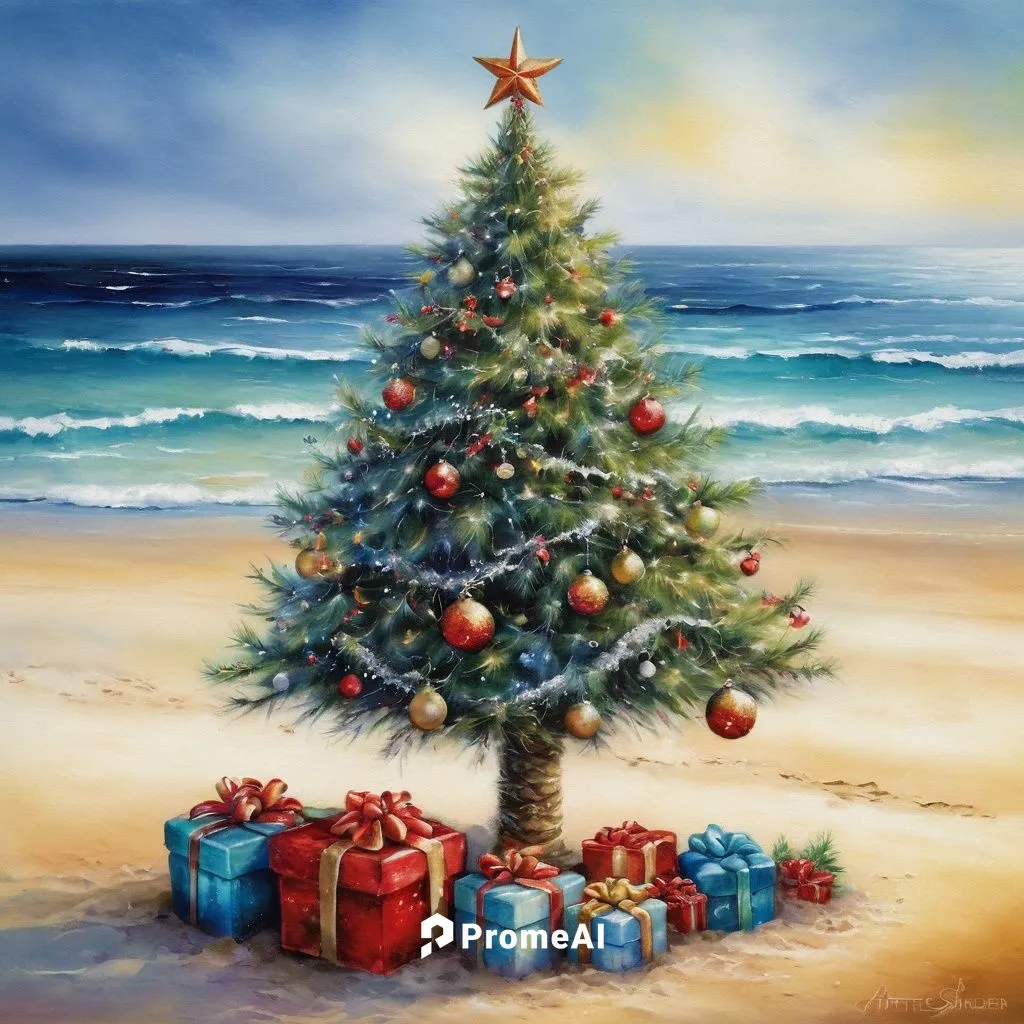 decorated xmas tree on a beach,christmas on beach,santa claus at beach,watercolor christmas background,christmas landscape,christmas island,decorate christmas tree,the christmas tree,the occasion of c