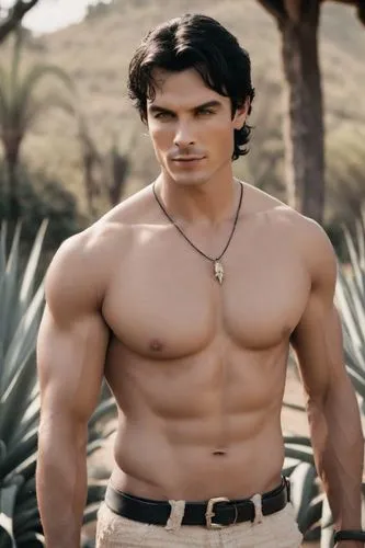 Strong body, man on a rich ranch in Jalisco, Mexico. Rich style. Elegant ranch house. Villain vibes, black hair, black clothes, handsome, agave ,shirtless man standing in front of cacti and trees,piol