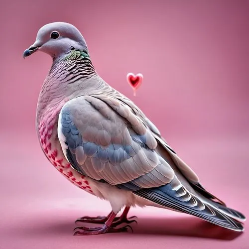 A dove whose pattern and feathers are pink hearts,plumed-pigeon,domestic pigeon,speckled pigeon,homing pigeon,beautiful dove,bird pigeon,wild pigeon,zebra dove,fan pigeon,field pigeon,pigeon,pink and 