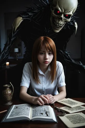 girl studying,gothic portrait,cosplay image,tutor,shinigami,author,librarian,dark art,conceptual photography,readers,sci fiction illustration,vanitas,child with a book,dark portrait,reading,halloween and horror,night administrator,macabre,bookkeeper,girl at the computer,Photography,Documentary Photography,Documentary Photography 36