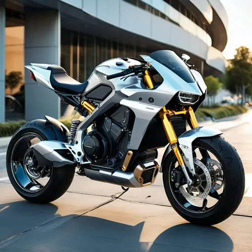 Design a futuristic motorcycle that embodies cutting-edge technology and innovative design. The motorcycle should have a sleek, aerodynamic shape with sharp, angular lines and a metallic finish in a c