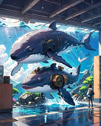 A jrpg game style robot whale charactor,aquarium,aquariums,marine tank,oceanarium,underwater playground,aqua studio,seaquarium,orca,aquarium inhabitants,oceanica,underwater background,futuristic art m