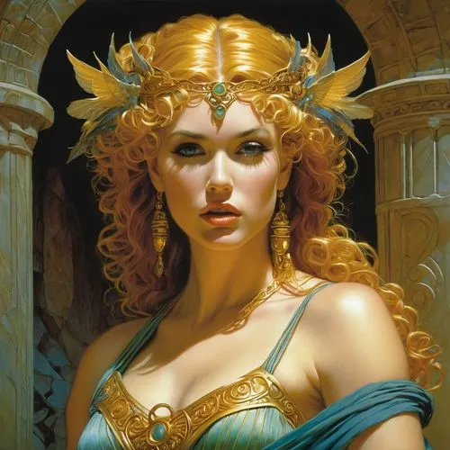 cleopatra,cybele,medusa,fantasy portrait,priestess,athena,artemisia,fantasy woman,golden crown,aphrodite,sorceress,fantasy art,heroic fantasy,golden wreath,callisto,goddess of justice,medusa gorgon,zodiac sign libra,the enchantress,gorgon,Illustration,Realistic Fantasy,Realistic Fantasy 03