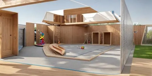 Playground for kindergarten , slide , balls, playing kids.,timber house,eco-construction,wooden house,cubic house,children's playhouse,dog house frame,wooden construction,wood doghouse,archidaily,hous