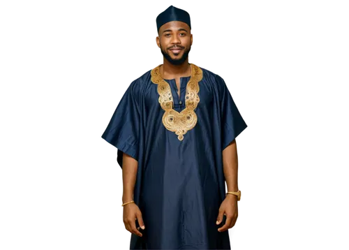 Nigerian man, traditional clothing, Agbada attire, white kaftan, golden embroidery, brown skin tone, strong facial features, thick beard, smiling, standing upright, confident posture, Ankara patterned