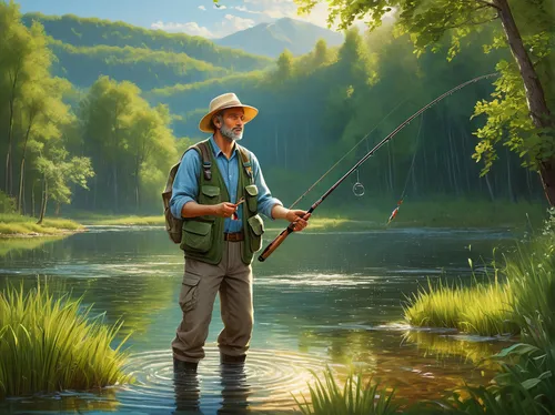 fly fishing,fisherman,fishing,fishing classes,casting (fishing),big-game fishing,fishing float,angler,fishing camping,people fishing,fishing rod,go fishing,types of fishing,fishing gear,farmer in the woods,park ranger,monopod fisherman,version john the fisherman,angling,surface lure,Art,Classical Oil Painting,Classical Oil Painting 18