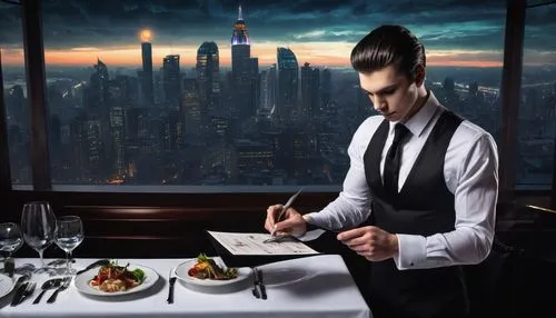 fine dining restaurant,waiter,new york restaurant,restaurants online,concierge,diner,caterer,catering service bern,waiting staff,romantic dinner,men chef,black businessman,businessman,a restaurant,cuisine of madrid,restaurants,fine dining,hospitality,gastronomy,asian cuisine,Illustration,Realistic Fantasy,Realistic Fantasy 47