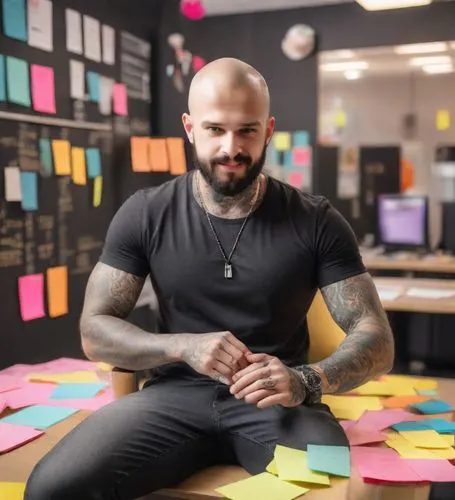 A handsome man, shaved bald, tattooed arms, all black t-shirt no prints.,a man sitting on top of a cardboard box surrounded by post - it notes,post-it notes,post its,jerramy,sticky notes,post it note,