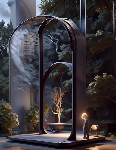 mirror house,bus shelters,futuristic landscape,steel sculpture,terrarium,futuristic architecture,frame house,stargate,electric arc,cubic house,forest chapel,portals,transparent window,tree house,fireplace,canopy bed,greenhouse,garden swing,gazebo,bird cage