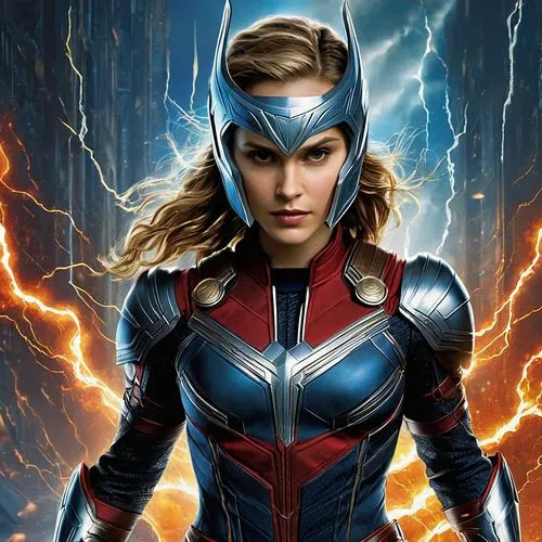 Natalie Portman as female Thor from the MCU, beautiful outfit variation, asgardian skull helmet,captain marvel,head woman,avenger,thor,superhero background,god of thunder,super heroine,elenor power,wo