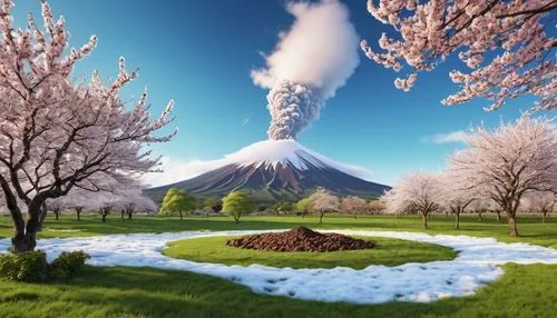 Gere uma imagem de um grande vulcão ao fundo com o topo congelado, no meio uma estada, com cerejeiras em volta, gramado verde. hiperrealista, o vulcão adormecido, muitas nuvens no céu
,active volcano,