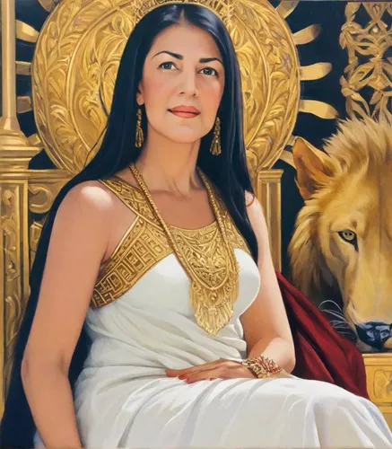 "A realistic painting of a woman with dark brown eyes, long black hair, sitting on a golden throne, wearing royal attire, and wearing a crown on her head.",assyrian,thracian,zoroastrian novruz,arabian