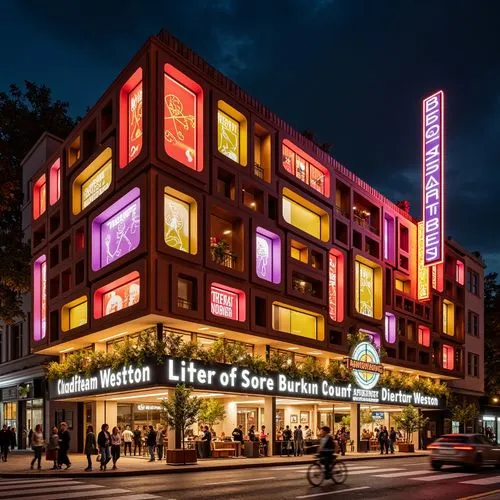 Vibrant music venue, eclectic postmodern facade, irregular shapes, bold color blocking, playful typography, neon light installations, abstract sculptures, ornate metal details, asymmetrical compositio