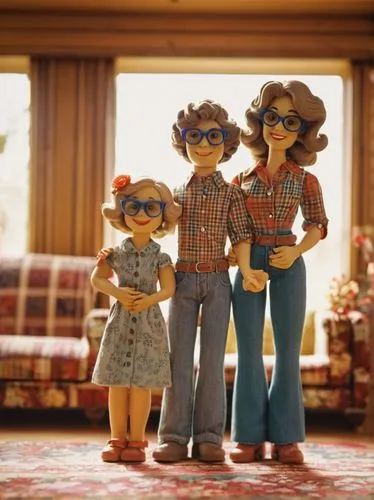 1970s family photo, warm nostalgic atmosphere, old film grain, faded color tone, posed smiling faces, father in a checkered shirt, mother in a floral dress, children in bell-bottom jeans, messy curly 