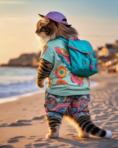 deafening Cute fat bodybuilder kitten in full growth. With big eyes, wearing a T-shirt, men's baggy pants, sneakers, long hair, a cap, a bag, a camera, a bohemian summer dress made of flowing fabrics 