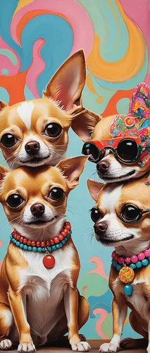 french bulldogs,corgis,color dogs,chihuahua,corgi-chihuahua,three dogs,anthropomorphized animals,two dogs,canines,whimsical animals,english toy terrier,flying dogs,hound dogs,toy fox terrier,detail shot,street dogs,dog street,dog cafe,dogs,doggies,Illustration,Abstract Fantasy,Abstract Fantasy 04