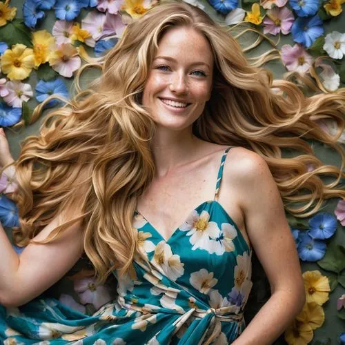 meryl streep,celtic woman,beautiful girl with flowers,girl in flowers,floral,floral dress,floral background,flower wall en,blue jasmine,flowery,rapunzel,golden haired,in full bloom,flower fairy,british semi-longhair,british longhair,blooming wreath,jennifer lawrence - female,fluttering hair,farrah fawcett,Illustration,American Style,American Style 06