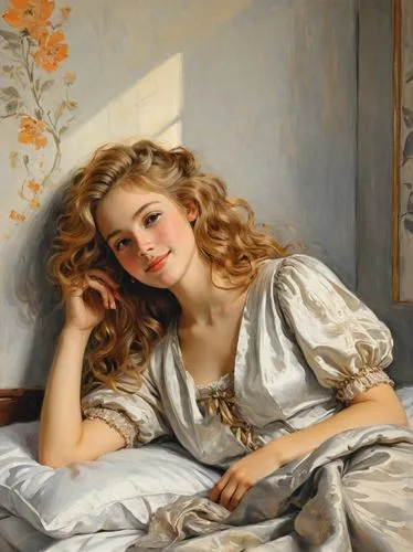 woman on bed,greuze,fragonard,girl in bed,auguste,lucquin,Art,Classical Oil Painting,Classical Oil Painting 42