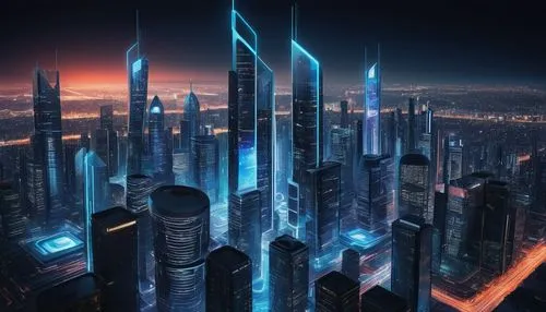 Zero Trust Architecture, futuristic cityscape, skyscrapers, neon lights, dark alleys, cyberpunk theme, advanced technology, security systems, firewalls, intrusion detection, encryption methods, multi-