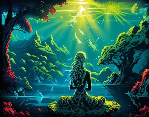 a woman is seated at the edge of a forest with trees and a lake below,mermaid silhouette,mermaid background,alfheim,fantasia,fantasy picture,glorfindel,Illustration,Realistic Fantasy,Realistic Fantasy