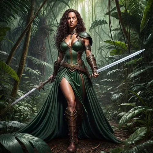 a fantasy - themed image of a woman in a green gown with sword in the jungle,female warrior,kahlan,warrior woman,the enchantress,enchantress,amazona,celtic queen,fantasy art,dryad,inara,amazonian,niss