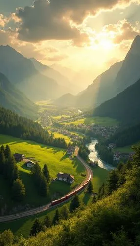 the sun shines brightly above the scenic mountain town,alpine landscape,bernese highlands,landscape background,mountain valley,oberland,beautiful landscape,Photography,General,Realistic