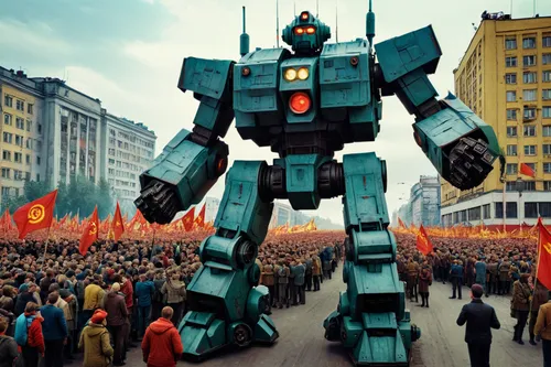 masterpiece, ultra quality, HDR, Soviet giant robots like battletech, Soviet Union in 1970, at the city, many soviet people, all happy, parade,military robot,mecha,war machine,mech,robot combat,gundam