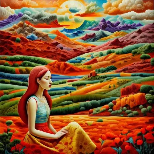 mostovoy,khokhloma painting,woman sitting,khayyam,woman at the well,mountain scene