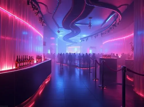 Nightclub interior design, futuristic ambiance, polyethylene material, translucent walls, neon lights, glossy floors, metallic accents, curved lines, minimalist decor, DJ booth, strobe lights, fog mac