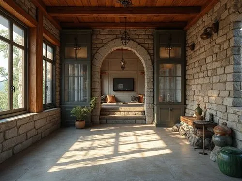 sunroom,porch,front porch,the threshold of the house,entryway,wooden windows,mudroom,wood window,stone floor,entryways,inglenook,loggia,window with shutters,french windows,country cottage,natural stone,doorways,stone oven,fireplaces,stone lamp,Photography,General,Realistic