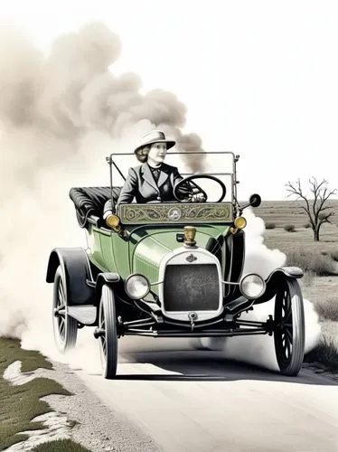 Pen drawing: Mrs. Clara Jane Ford is at the center of the action. She is driving a Ford (Model T) through a Texan landscape, its dark green paint reflecting the bright sunlight. The intricate details 