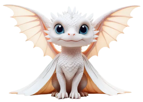 Minimalist dragon, white scales, slender body, small wings, cute facial expression, big eyes, no horns, simple claws, sitting posture, front view, soft focus, warm lighting, pastel color tone, 3/4 com