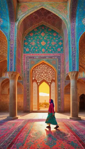 A Girl Walking Inside Vakil Mosque in Shiraz, Iran,shahi mosque,persian architecture,rem in arabian nights,samarkand,girl praying,islamic pattern,woman praying,orientalism,pink city,iranian architectu