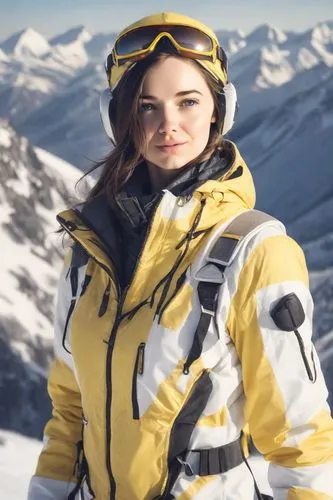 a young beautiful girl climber against the background of white snowy mountains, the girl is dressed in a warm jacket with a hood, a yellow cap and goggles on her forehead,skiwear,snowboarding,skier,sn