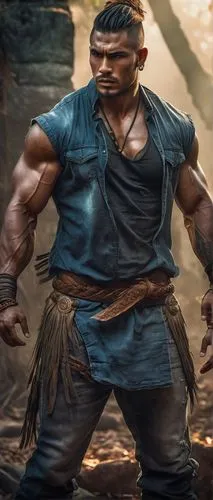 Muscular man, Harengon tribe, heavyweight, rugged facial features, intense gaze, braided hair, tribal tattoos, bronze skin tone, powerful chest, chiseled abs, massive biceps, torn jeans, heavy boots, 