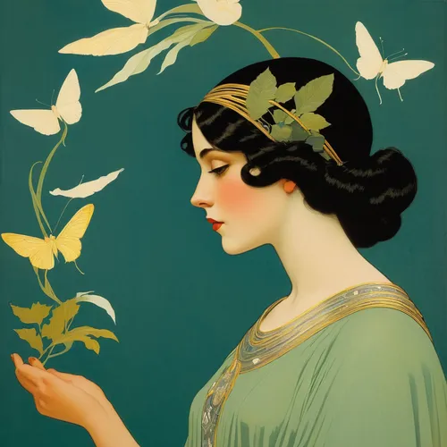 mucha,art deco woman,art nouveau,scent of jasmine,jasmine blossom,jasmine,jasmine flowers,gardenia,flower and bird illustration,mock orange,vintage illustration,lepidopterist,menta,art deco,jasmine flower,throwing leaves,lillian gish - female,lilies of the valley,charlotte cushman,flora,Illustration,Retro,Retro 15