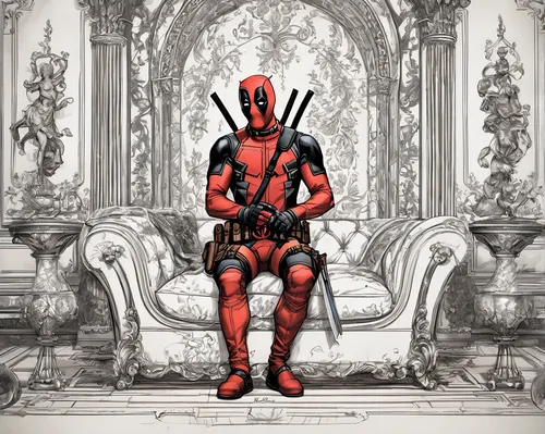 Depict Deadpool's sketch with a touch of dark humor.,deadpool,dead pool,hellboy,michelangelo,maul,daredevil,red hood,raphael,the throne,costume design,the suit,clone jesionolistny,kneel,kneeling,cross