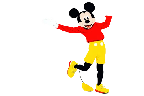 Mickey Mouse, Disney character, cartoon style, bright colors, iconic ears, white gloves, red shorts, yellow shoes, happy expression, dynamic pose, jumping, spinning, blurred motion effect, soft focus,