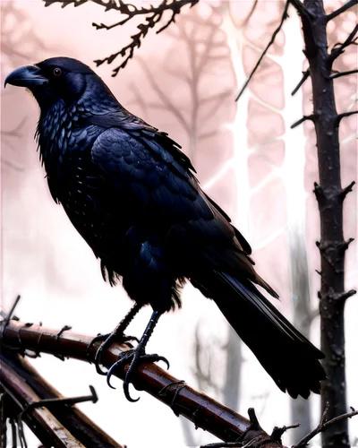 Black crow, glossy feathers, sharp beak, piercing eyes, wings spread wide, perched on branch, solo, morning mist, soft sunlight, cinematic lighting, shallow depth of field, warm color tone, 3/4 compos