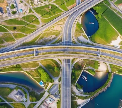 Road, roundabout, concrete bridge, top view, highway ,aerial view of two major roads by an island,superhighways,interchanges,highway roundabout,infrastucture,roundabouts,infrastructures,Photography,Ge