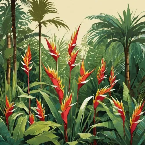 pitcairnia,palm lilies,alpinia,tenuifolia,tropical forest,guzmania,Illustration,Children,Children 04