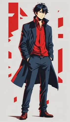 stylish boy,detective,persona,yukio,2d,red coat,carmine,jacket,blood cell,overcoat,red hood,sherlock,red background,old coat,red cape,red blood cell,joker,coat,tumblr icon,on a red background,Illustration,Vector,Vector 01