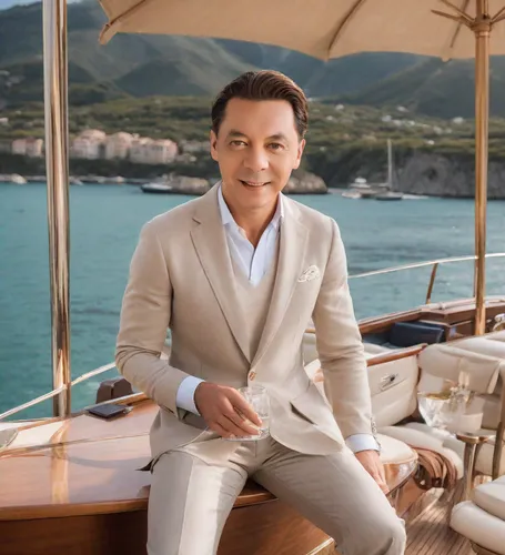 on a yacht,yacht,yachts,yacht club,men's suit,vanity fair,tan chen chen,azerbaijan azn,portofino,murten morat,at sea,luxury yacht,yacht exterior,oia,billionaire,great gatsby,sailing,wedding suit,sailing yacht,boat operator,Photography,Realistic