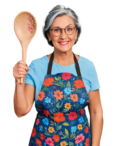 Granny, funny expression, bright smile, wrinkles on face, gray hair in bun, glasses with thick frames, colorful floral dress, apron with pockets, holding wooden spoon, kitchen background, warm lightin