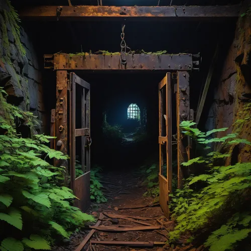 abandoned Monongah Mine, rusty entrance gate, overgrown with weeds, dilapidated wooden support beams, dark and foreboding tunnel, flickering torchlight, old mining equipment scattered, damp and musty 